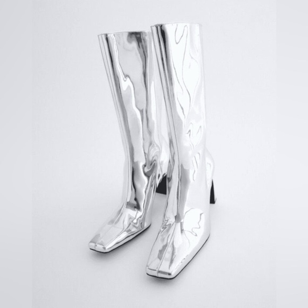 NEW Zara Silver Knee-High Block Heel Boots